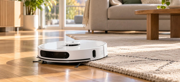 Tesvor S8 Max Saugroboter fährt über eine Teppichkante vom Parkett auf den Teppich