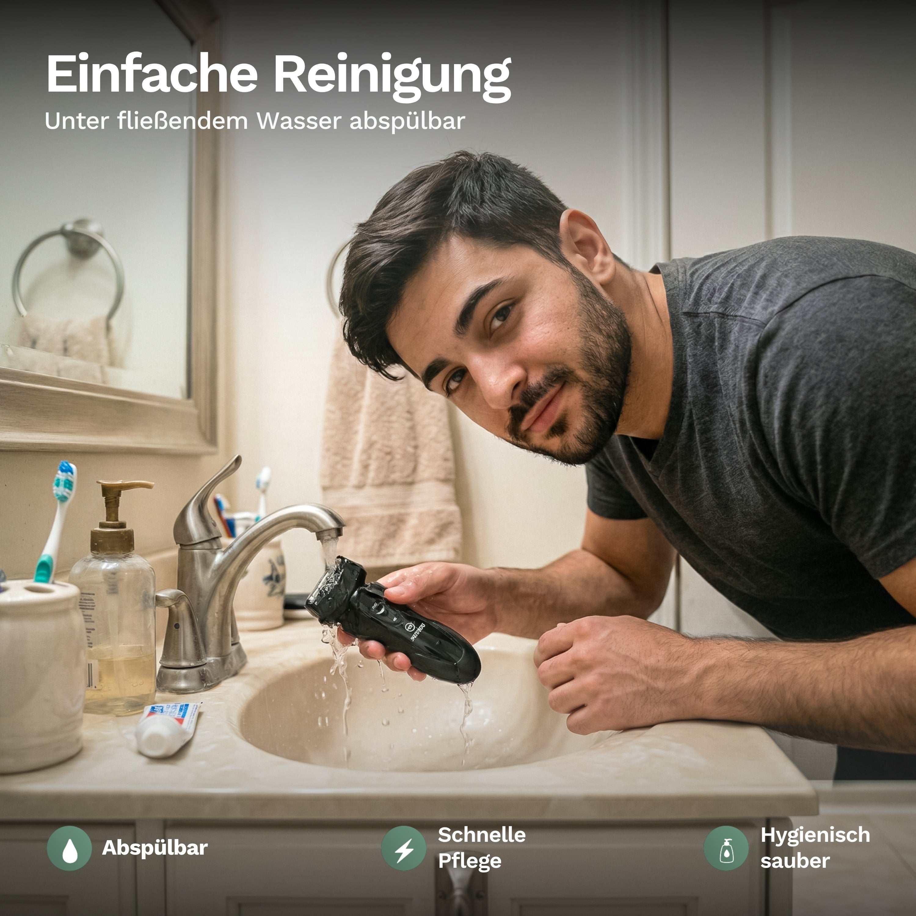 Mann spült elektrischen Rasierer unter fliessendem Wasser im Badezimmer, ermöglicht einfache Reinigung und hygienische Pflege nach der Rasur.