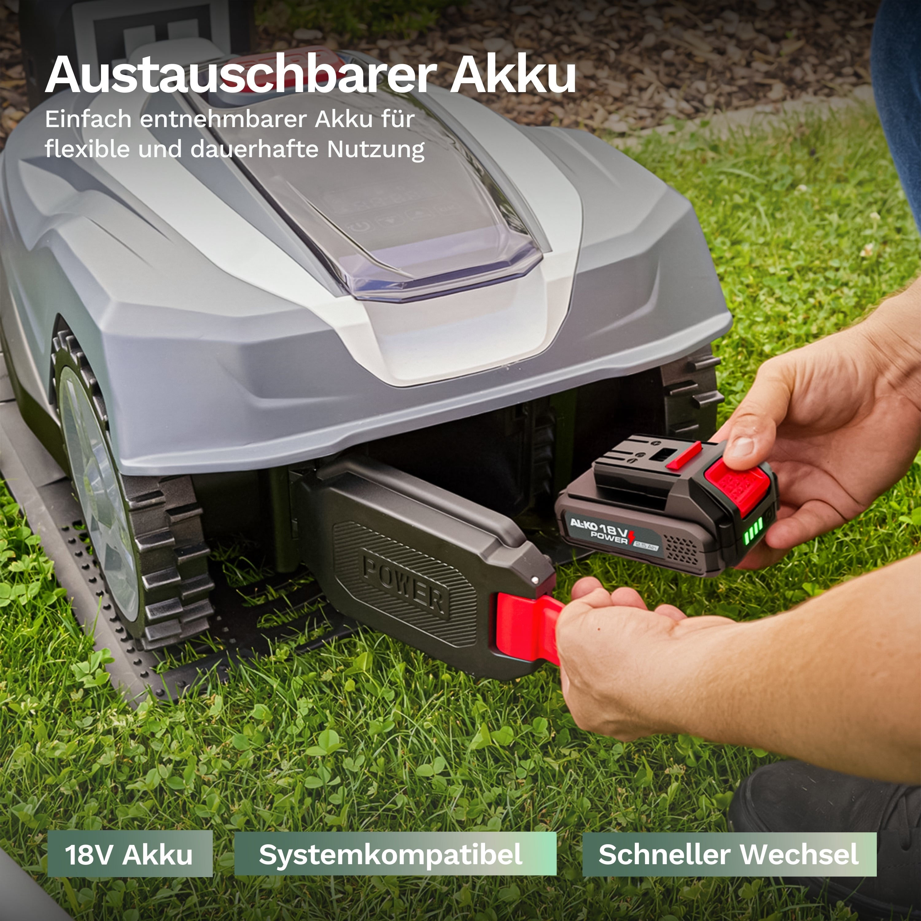 Austauschbarer Akku: maximale Flexibilität und unterbrechungsfreies Mähen