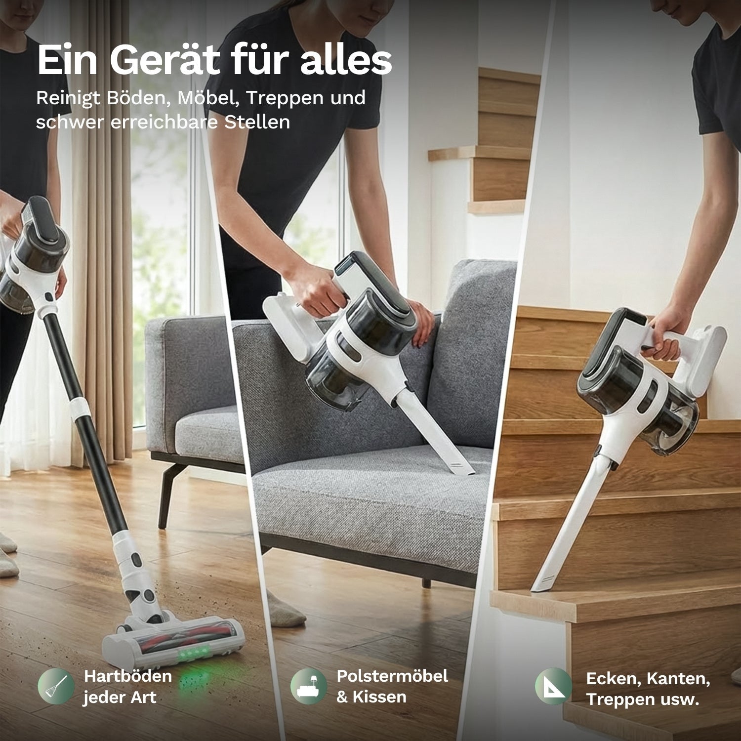 2-in-1 Akku-Staubsauger reinigt Hartböden, Polstermöbel und Treppen flexibel für vielseitige Anwendung im Haushalt