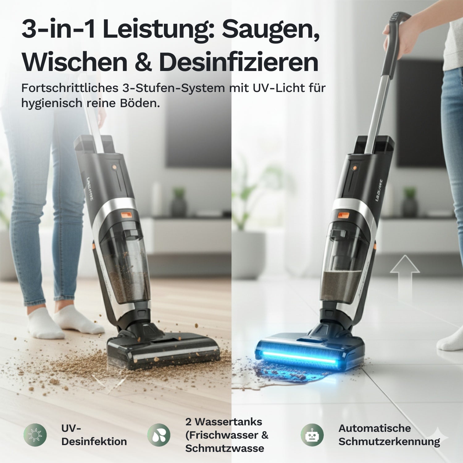 Kabelloser Bodenreiniger mit 3-in-1 Funktion saugt, wischt und desinfiziert Böden, mit UV-Licht, zwei Wassertanks und automatischer Schmutzerkennung.