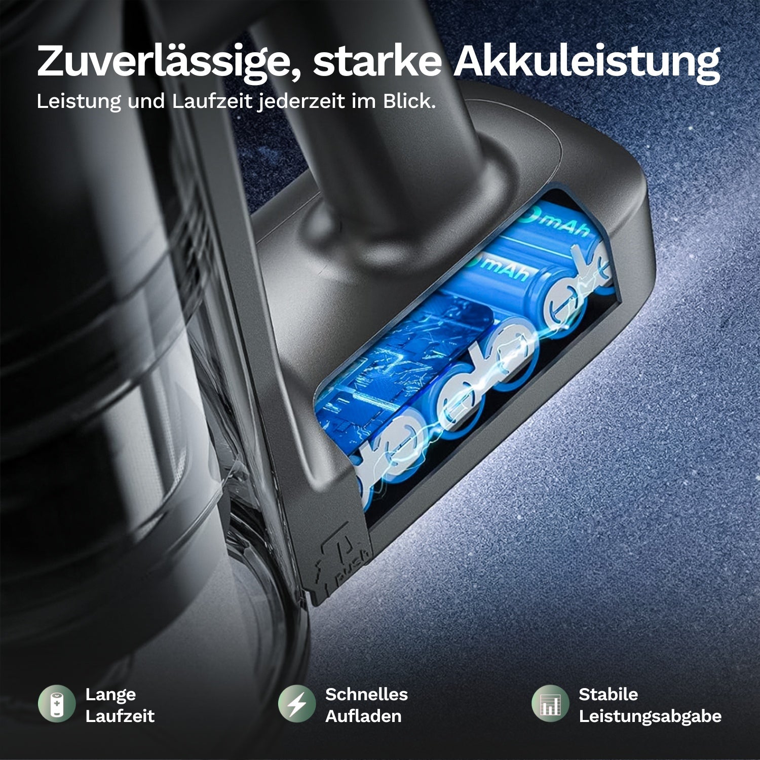 Akku-Staubsauger mit leistungsstarkem Akku für lange Laufzeit, schnelles Aufladen und konstante Saugleistung