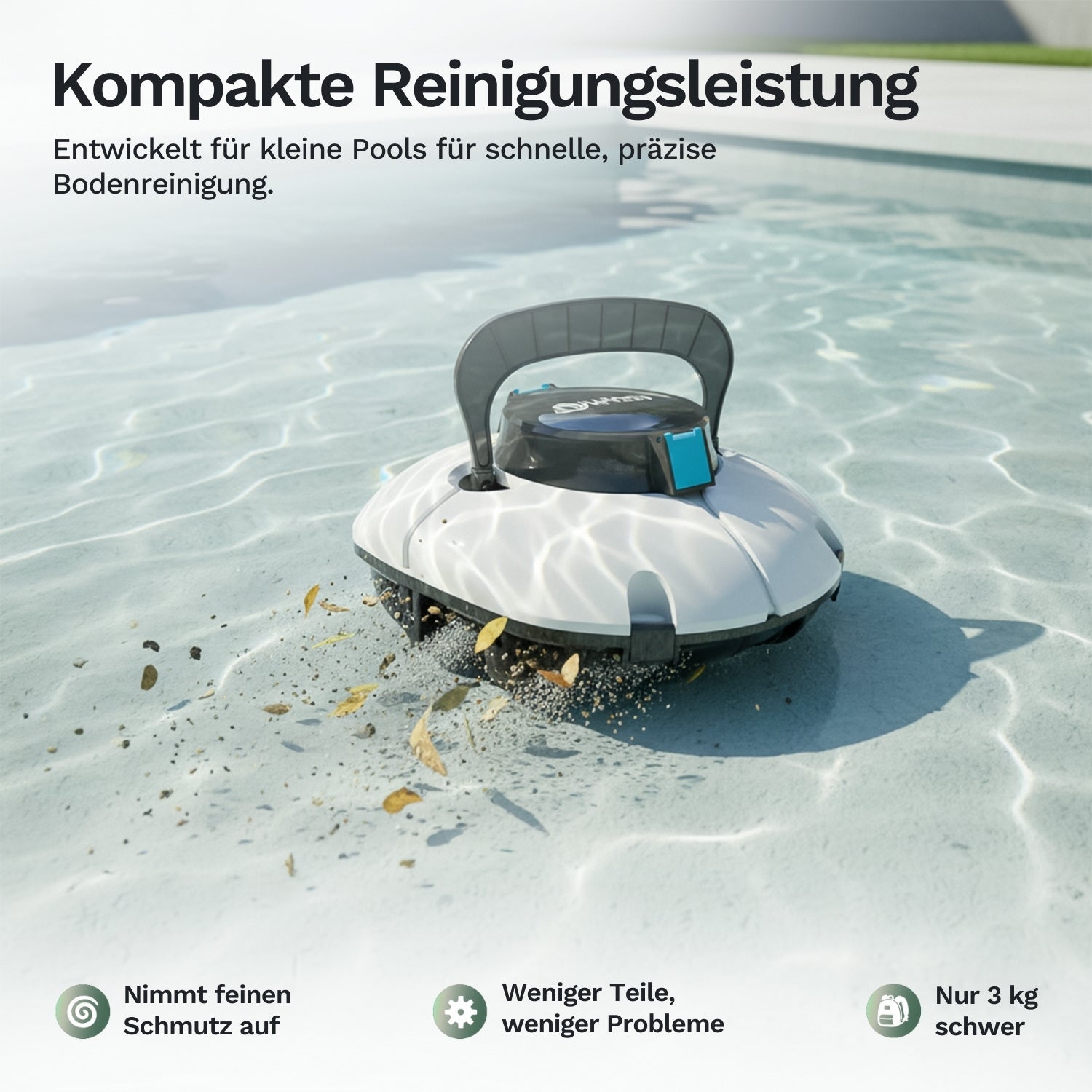 Kompakter Poolroboter reinigt effizient den Poolboden und entfernt feinen Schmutz in einem kleinen Swimmingpool