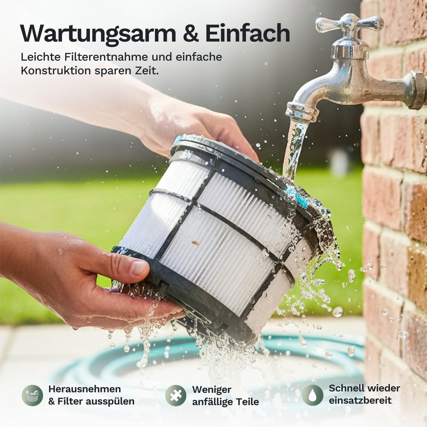 Hände spülen den Filter eines Poolroboters unter fliessendem Wasser aus, einfache Wartung durch leicht entnehmbaren Filter für schnelle Reinigung und Wiederverwendung.