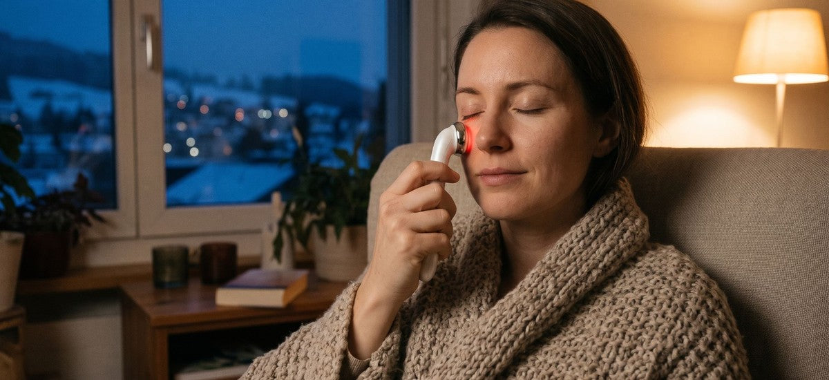 Frau entspannt an einem dunklen Winterabend im Sessel mit dem Lazurec Care 096 Augenmassagegerät im Wärmemodus