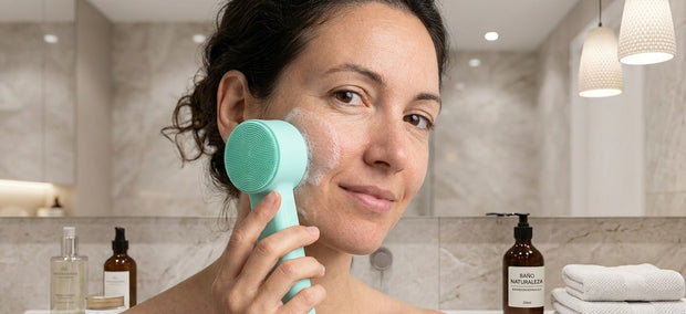 Lazurec Care 083 Gesichtsbürste mit mintfarbener Silikon-Borstenseite bei der Reinigung trockener Gesichtshaut im Badezimmer