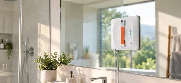 Lazurec A9 Pro Fensterputzroboter reinigt einen grossen Badezimmerspiegel neben der Glas-Duschwand
