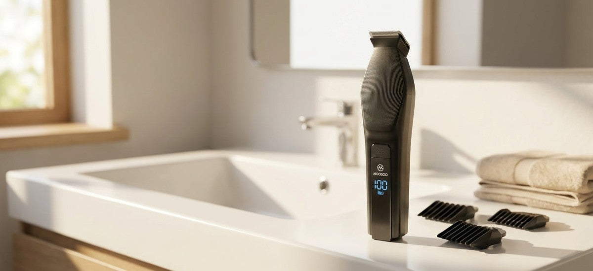 Schwarzer Barttrimmer mit Display auf einem Badezimmer-Waschtisch, Aufsätze daneben