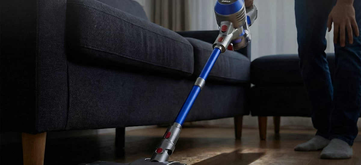 Kabelloser Handstaubsauger reinigt das Sofa im Wohnzimmer