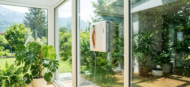 Fensterputzroboter Lazurec A9 Pro reinigt die Glasfront eines Wintergartens