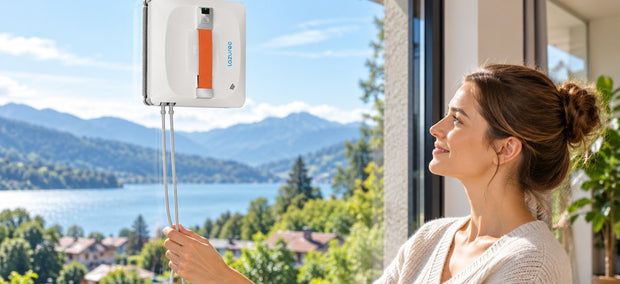 Lazurec A9 Pro Fensterputzroboter mit zwei Sicherungskabeln an einer Fensterscheibe, Person hält das Seil