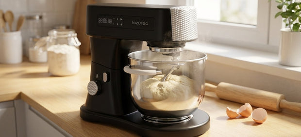Küchenmaschine knetet Teig in einer hellen Schweizer Küche