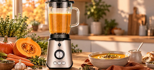 Wilfa Smooth Standmixer mit cremiger Kürbissuppe, dazu Hokkaido, Karotten und eine Suppenschüssel