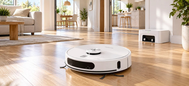 Tesvor S8 Max Saugroboter reinigt eine offene Mehrraum-Wohnung mit Dockingstation