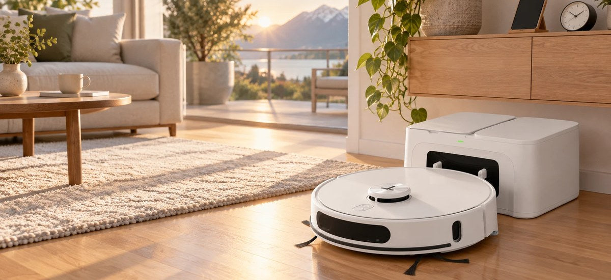 Tesvor S8 Max Saugroboter verlässt morgens seine Absaugstation im hellen Wohnzimmer