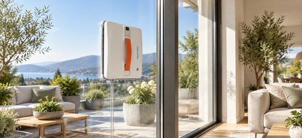 Lazurec A9 Pro Fensterputzroboter reinigt eine grosse Glas-Schiebetür