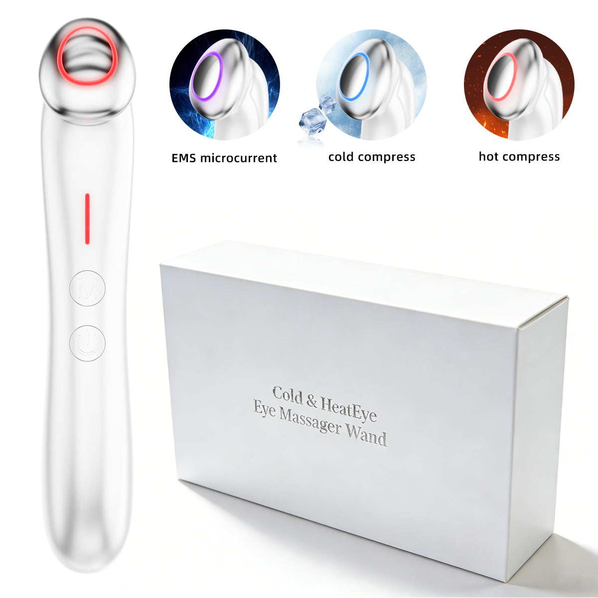 Augenmassagegerät neben Verpackung „Cold & HeatEye“; LED-Ring für kalt/ warm sichtbar