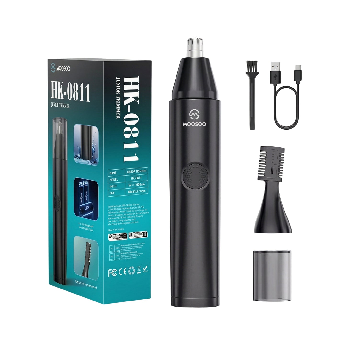 Elektrischer Nasenhaartrimmer mit Zubehör, inklusive Aufsätzen, Reinigungsbürste, USB-Kabel und Verpackung.