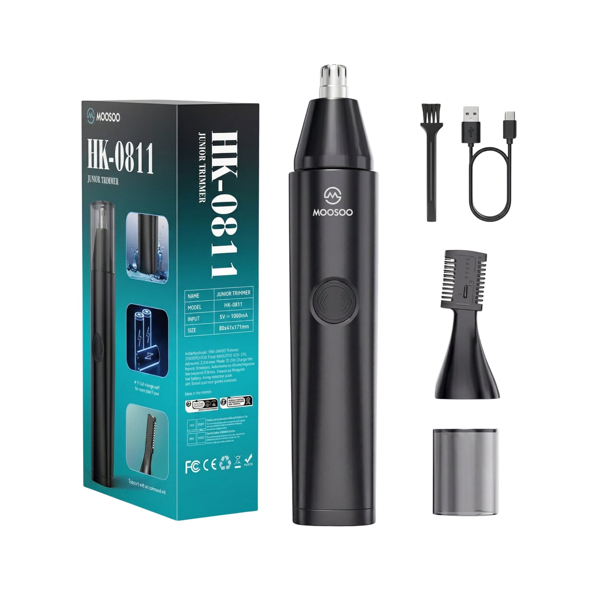 Elektrischer Nasenhaartrimmer mit Zubehör, inklusive Aufsätzen, Reinigungsbürste, USB-Kabel und Verpackung.