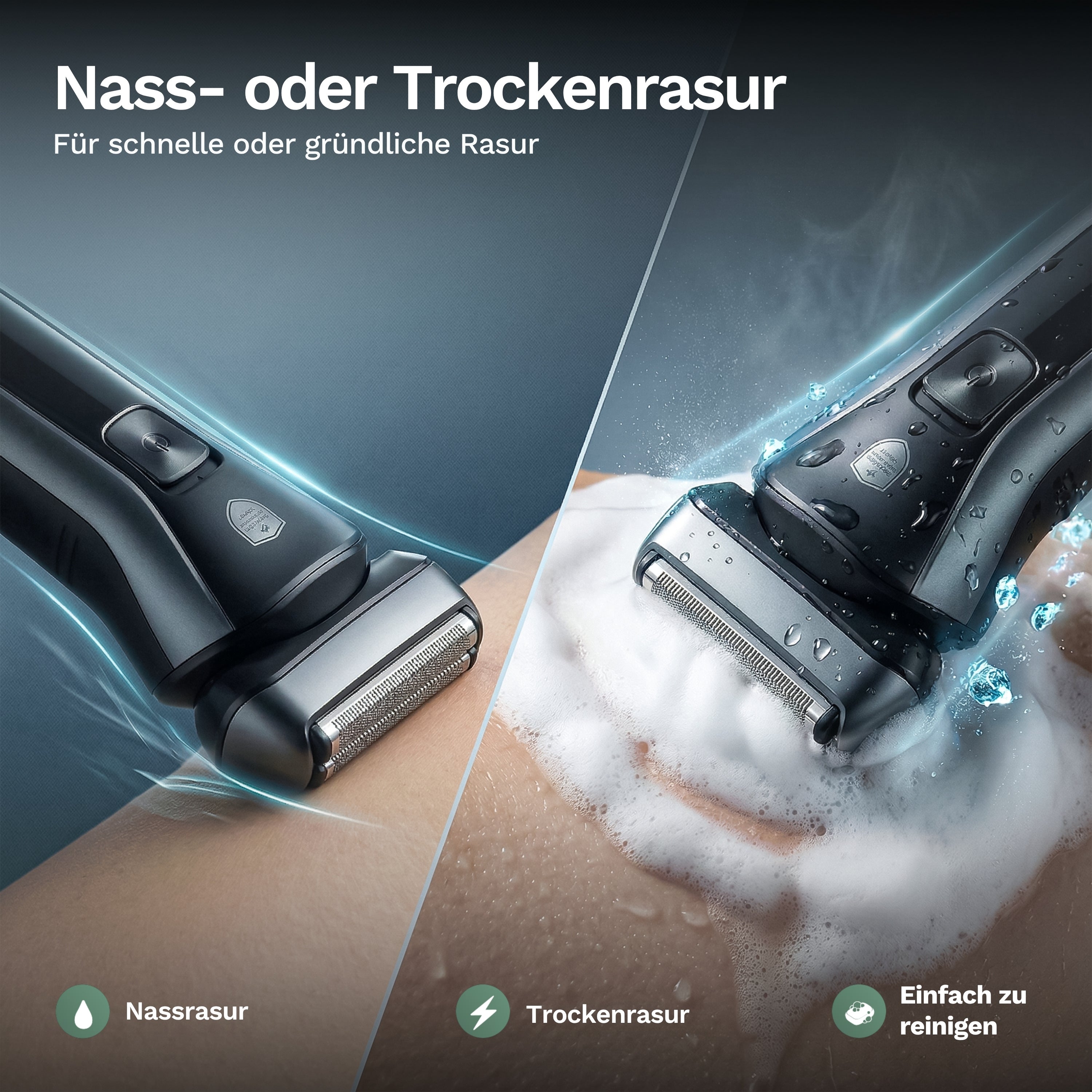 Elektrischer Rasierer für Nass- und Trockenrasur, ermöglicht schnelle oder gründliche Rasur und lässt sich einfach unter Wasser reinigen.