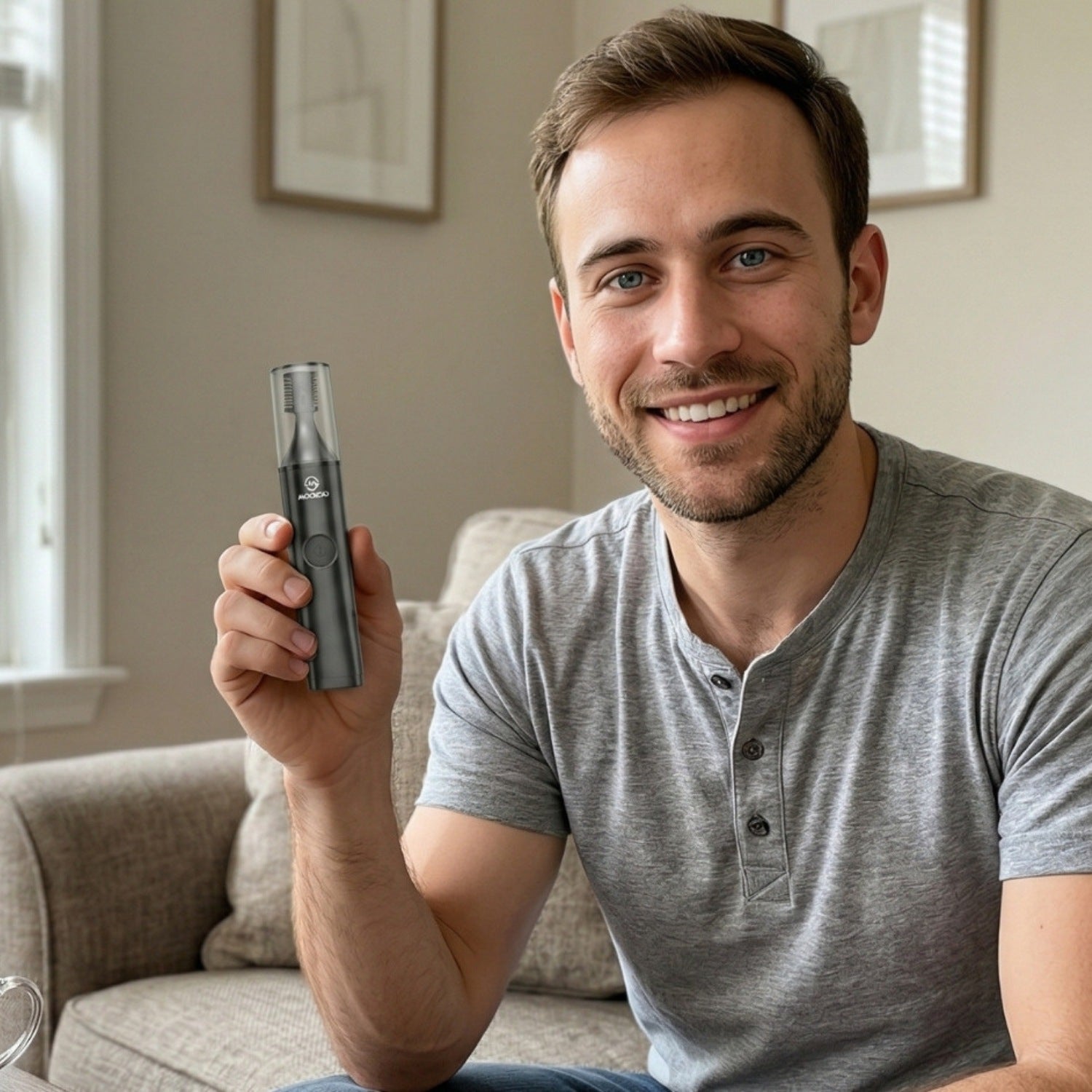 Lächelnder Mann sitzt auf dem Sofa und hält einen kompakten elektrischen Trimmer in der Hand.