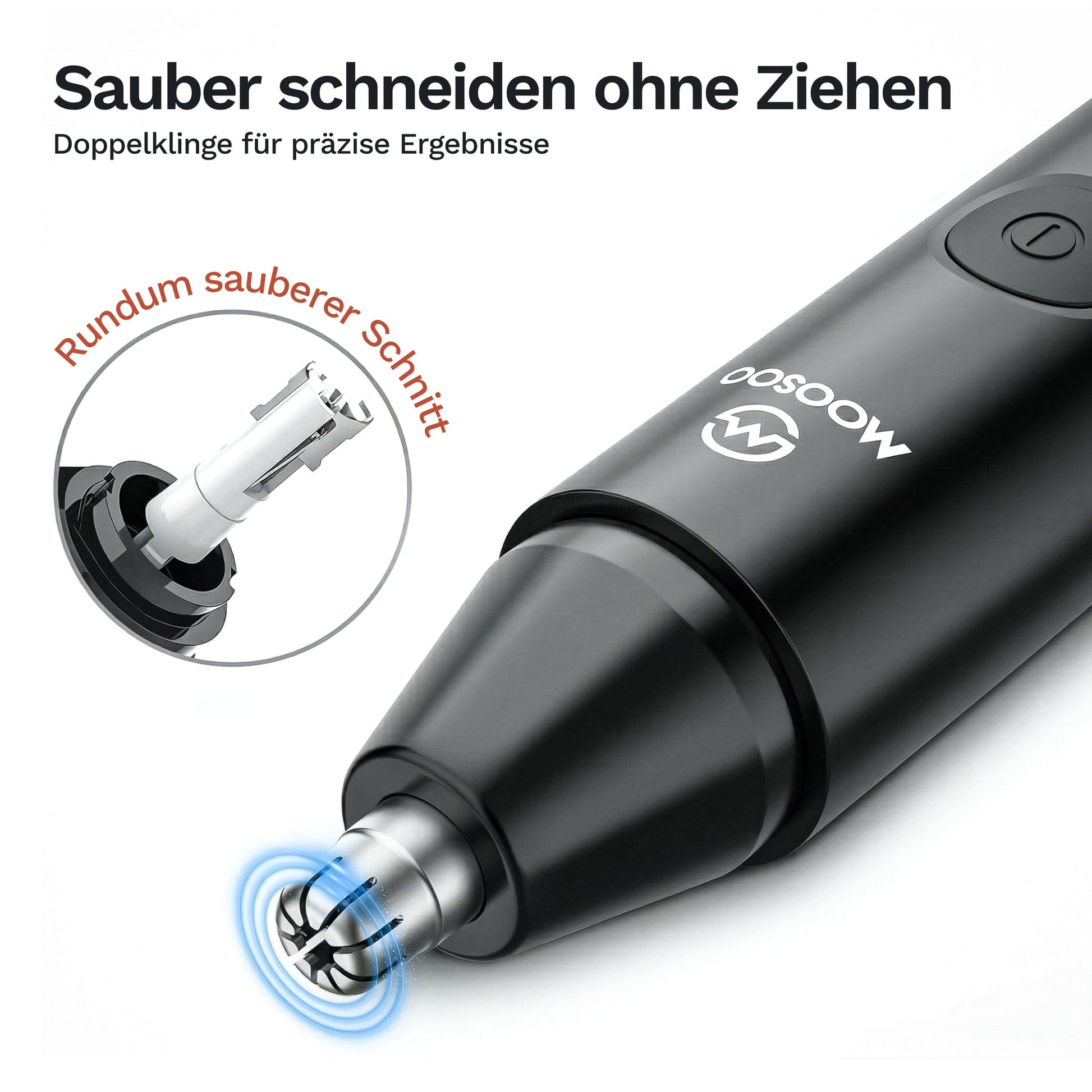 Detailaufnahme eines elektrischen Trimmers mit rotierender Doppelklinge für präzises und sauberes Schneiden ohne Ziehen.