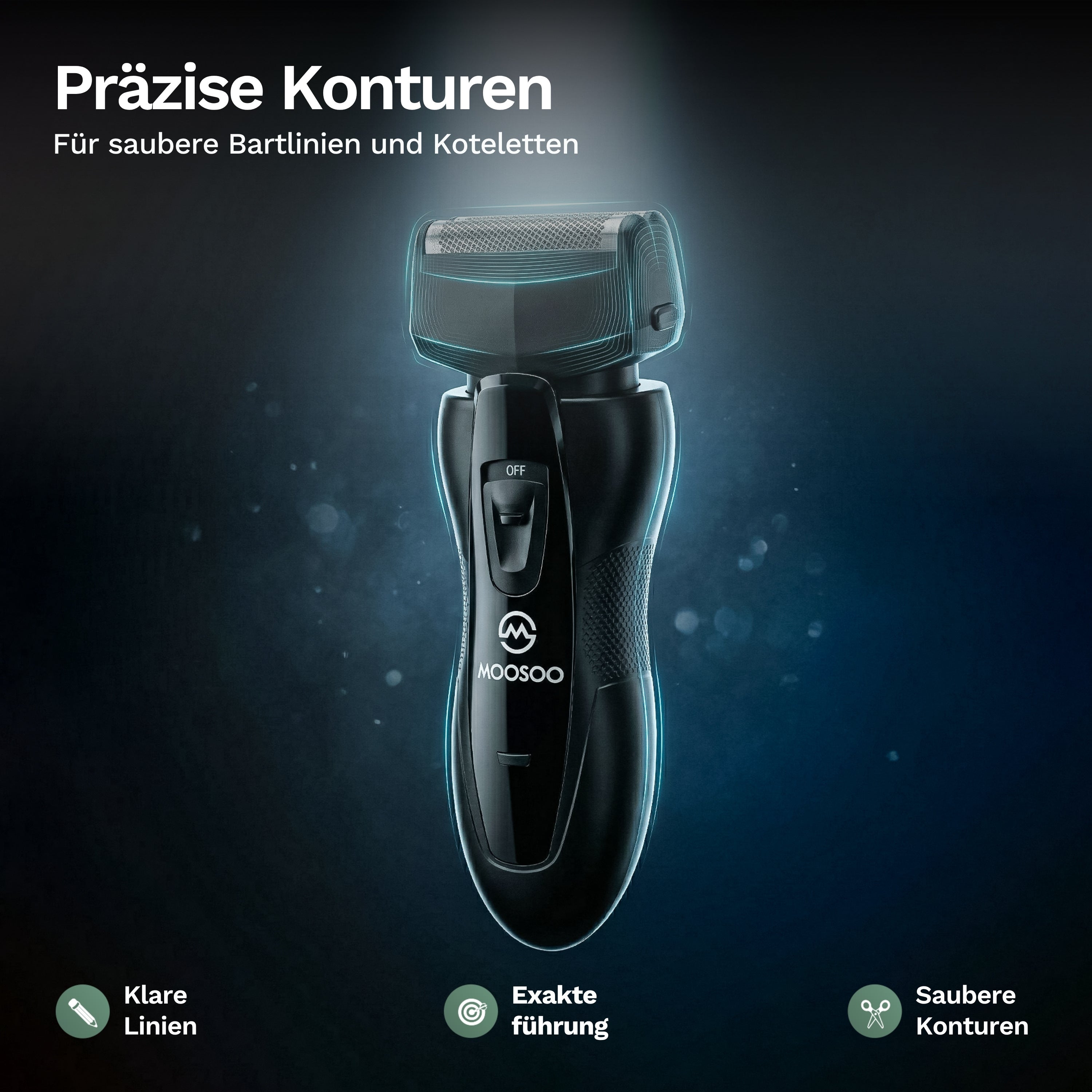 Elektrischer Rasierer für präzise Konturen, ideal für saubere Bartlinien und Koteletten mit exakter Führung.