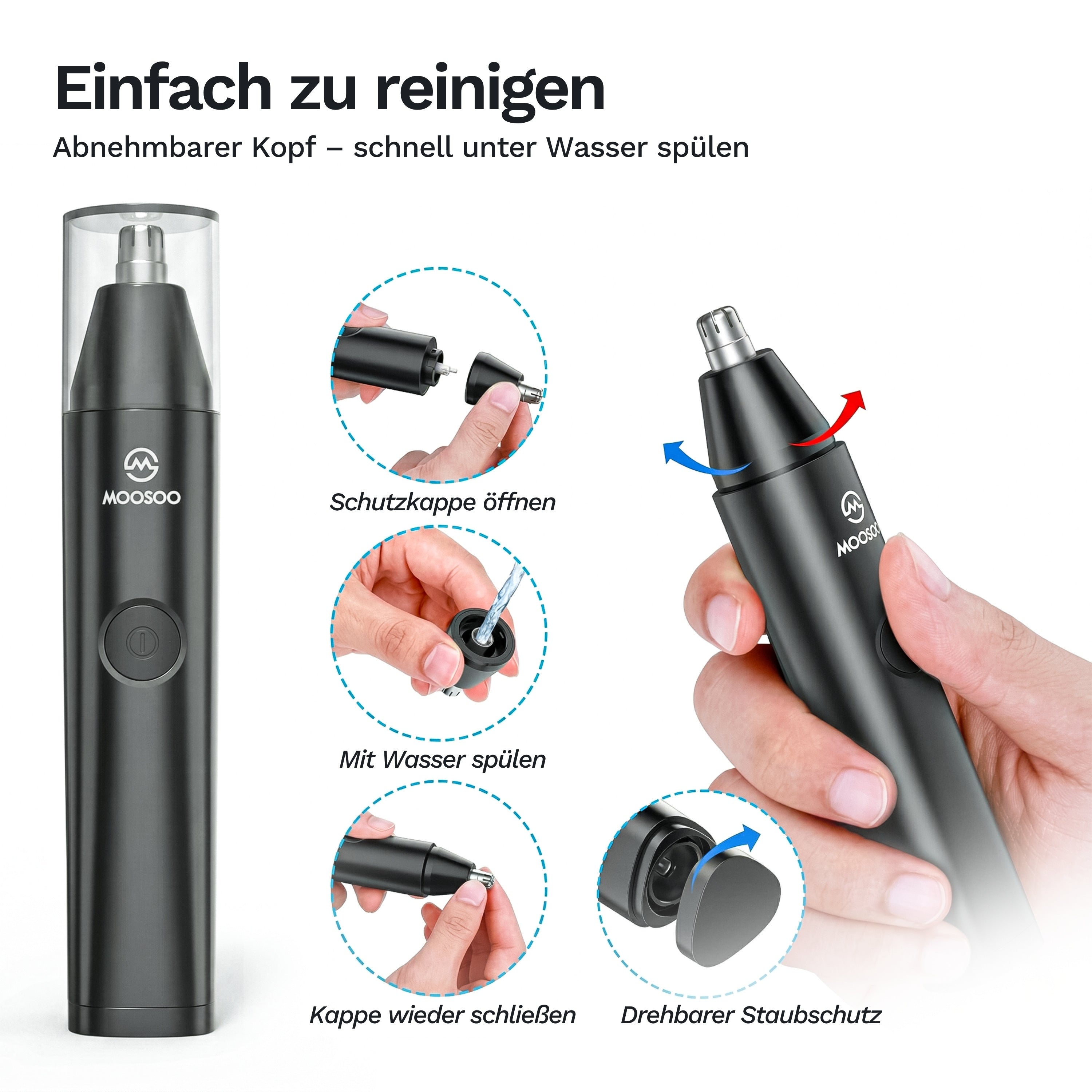 Elektrischer Trimmer mit abnehmbarem Kopf, der einfach unter Wasser gereinigt werden kann, inklusive drehbarem Staubschutz und leichtem Öffnen und Schliessen.