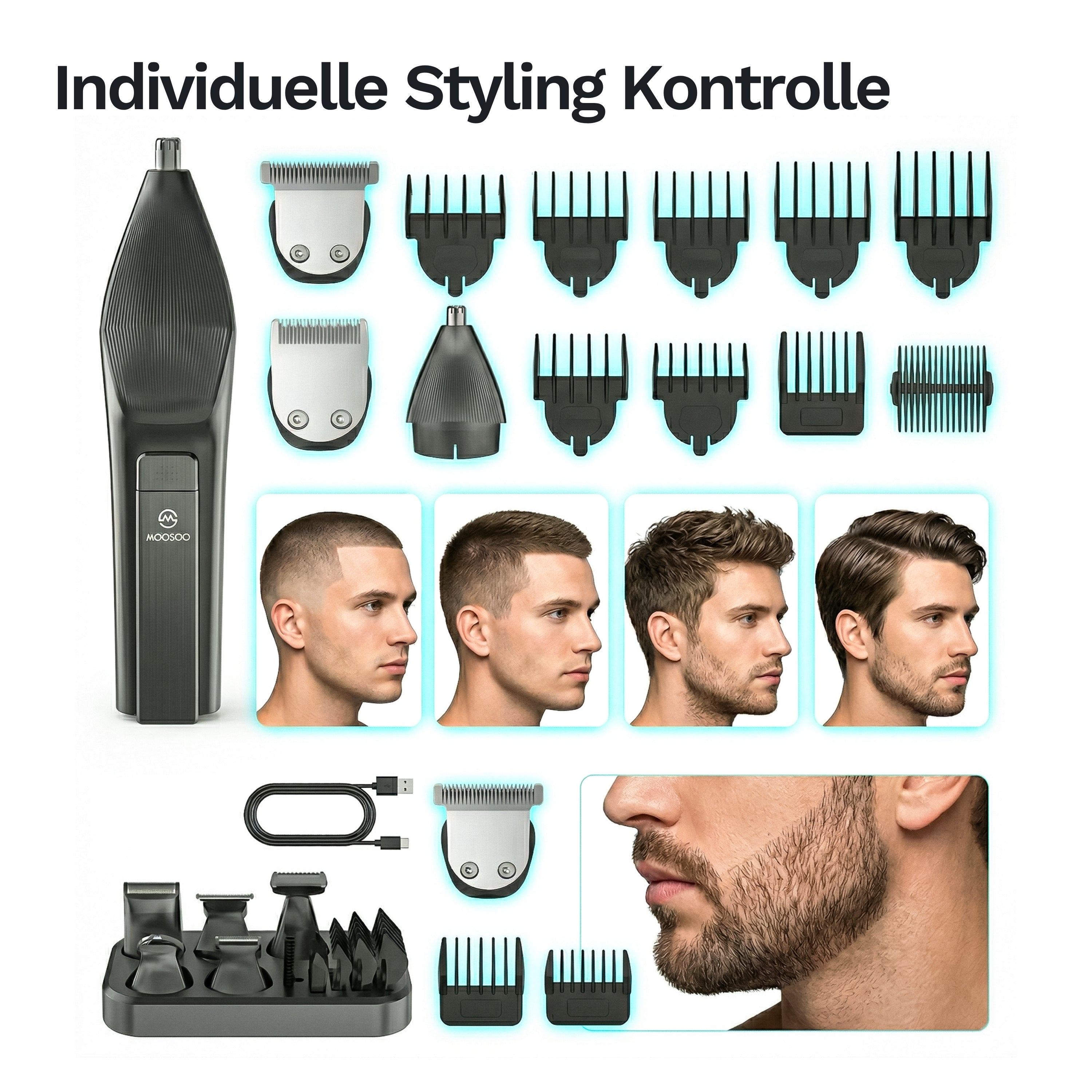 Barttrimmer mit verschiedenen Aufsätzen und Kammaufsätzen für individuelle Haar- und Bartstyles sowie präzise Stylingkontrolle.