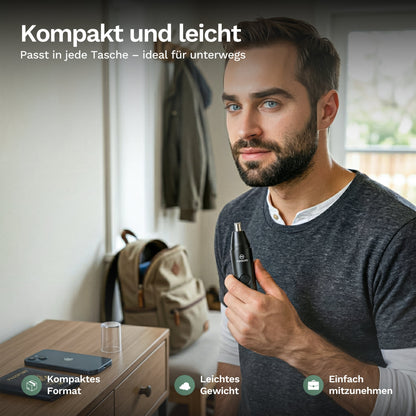 Mann hält einen kompakten elektrischen Trimmer in der Hand, ideal für unterwegs und leicht in jeder Tasche zu verstauen.