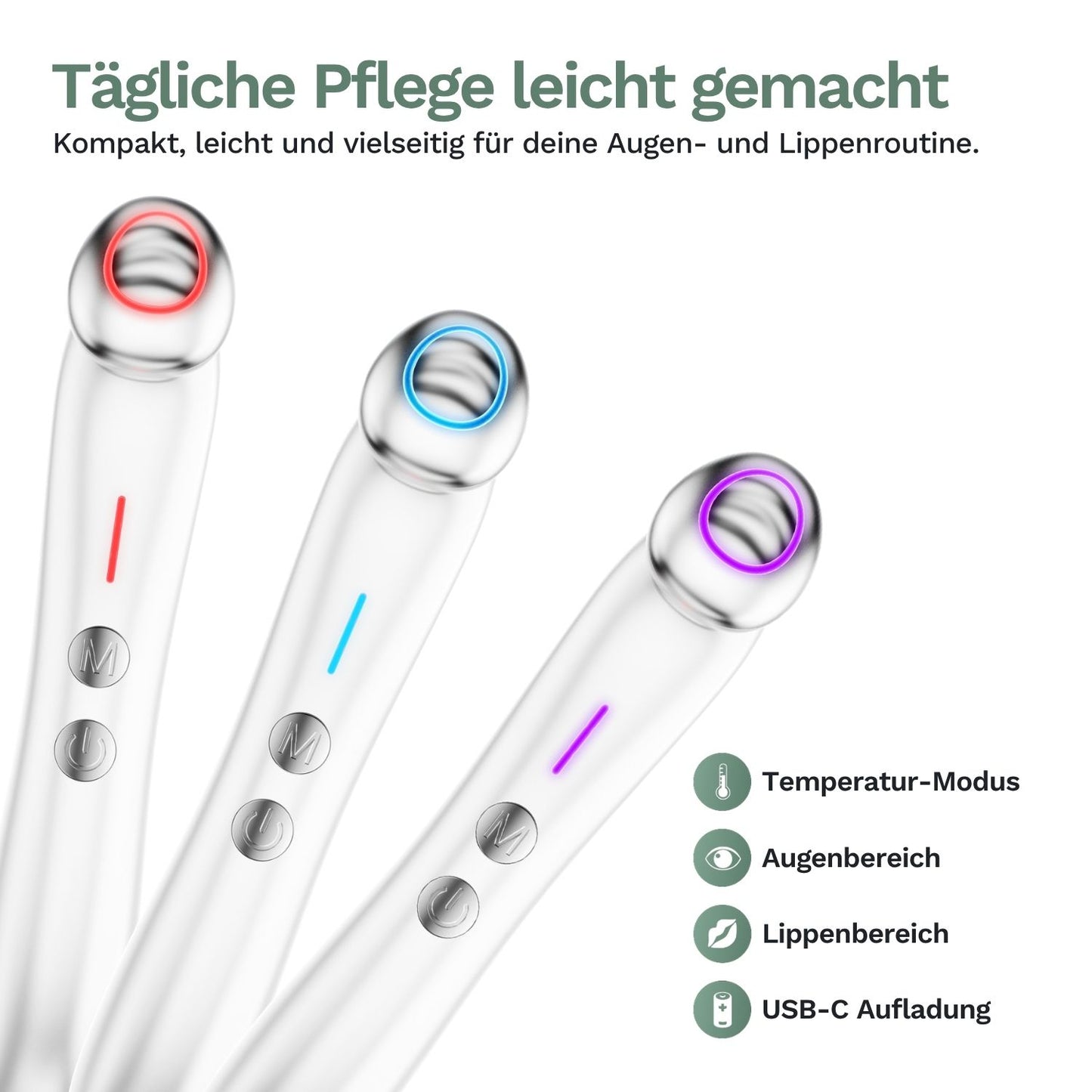 Augenmassagegerät-Set: drei silberfarbene Geräte mit LED-Ringen (Rot, Blau, Violett)