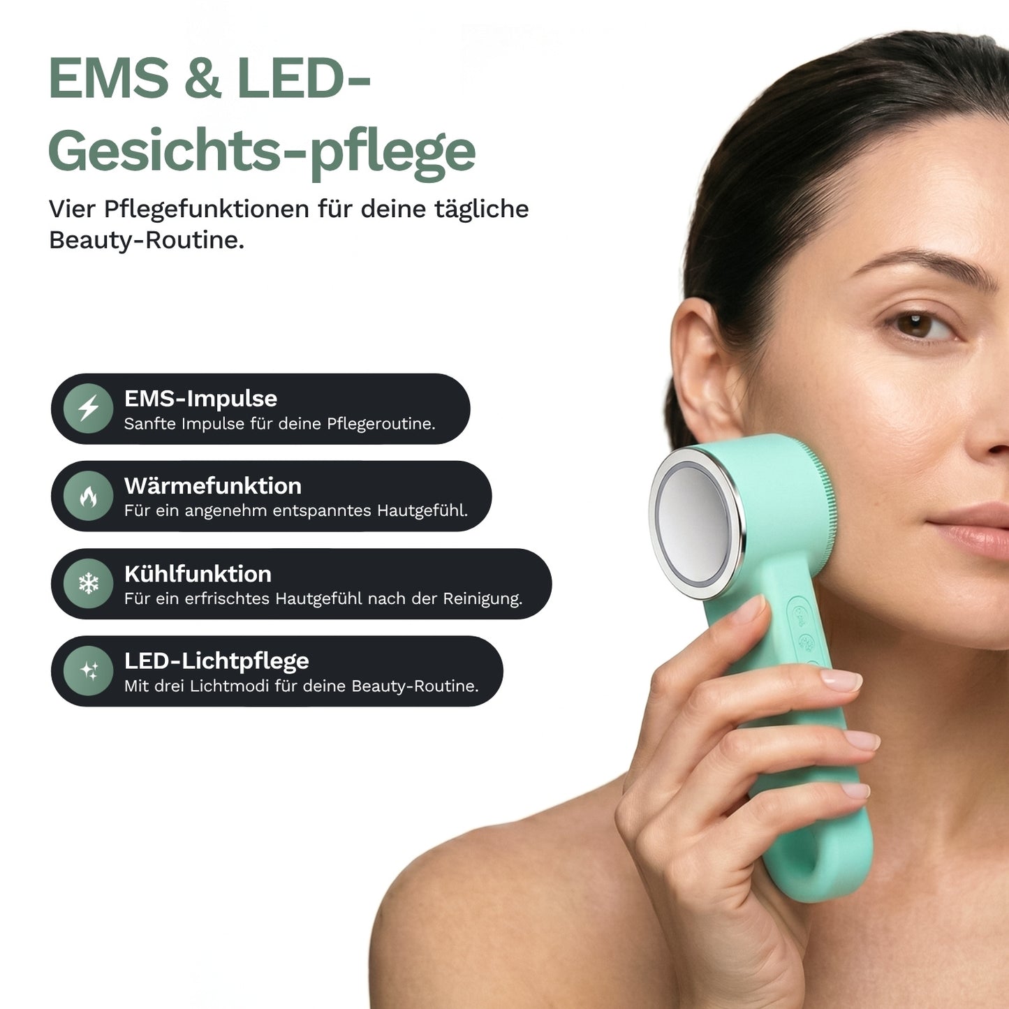 A woman uses the Lazurec Care 083 mint green Gesichtsreinigungsbürste mit Wärme- & Kühlfunktion on her cheek. Text highlights EMS, heating/cooling, and LED light care—essential features for your skincare routine.