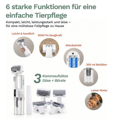 Kabelloser Tierhaar-Staubsauger mit mehreren Aufsätzen bietet starke 9000 Pa Saugkraft, leisen Motor, Akkubetrieb und handliches Design für einfache Fellpflege zuhause.
