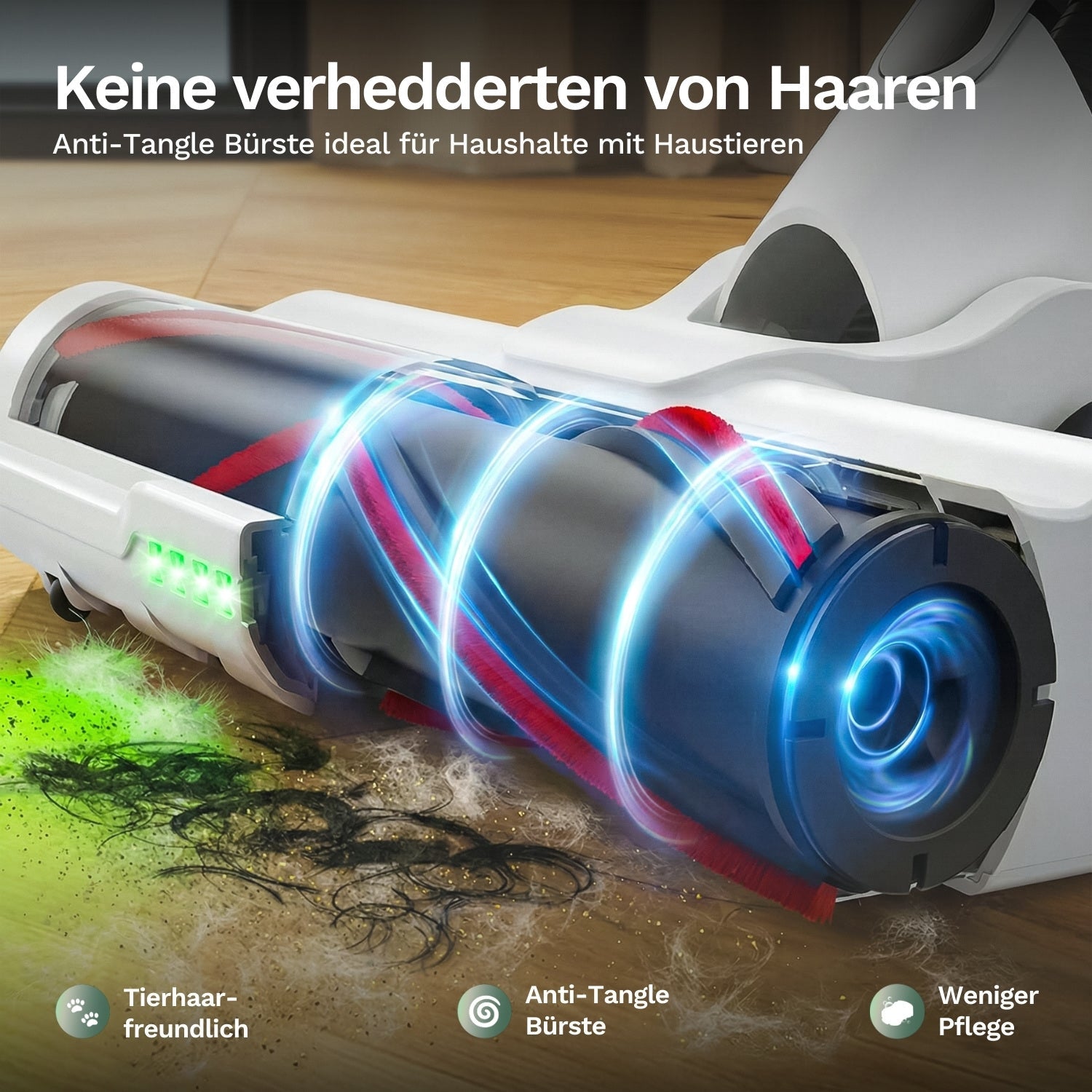 Anti-Tangle Bürstenrolle verhindert Haarverheddern und entfernt Tierhaare effektiv bei der Bodenreinigung