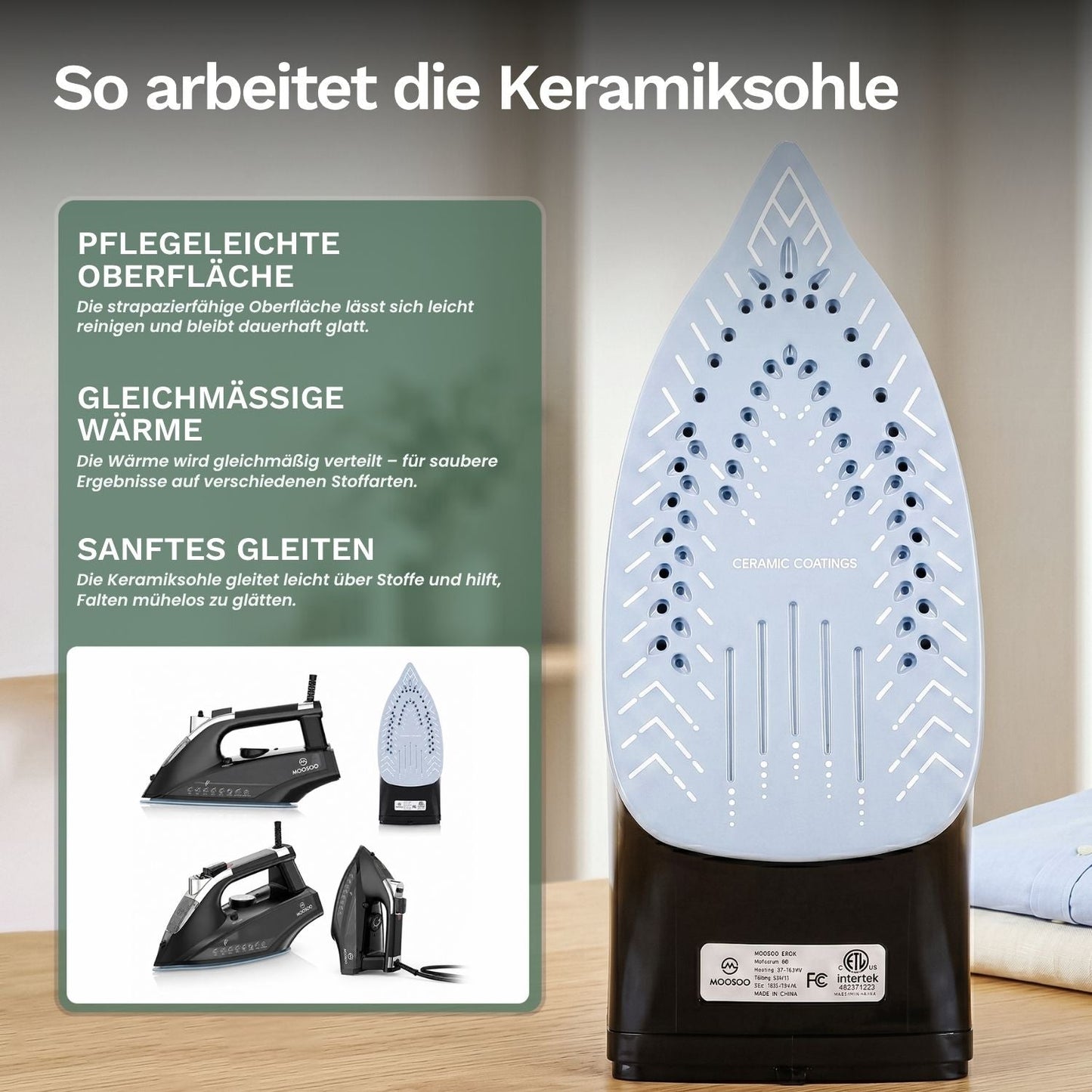 Keramiksohle des MOOSOO Dampfbügeleisens: Pflegeleichte Oberfläche, gleichmäßige Wärmeverteilung und sanftes Gleiten für faltenfreie Ergebnisse.
