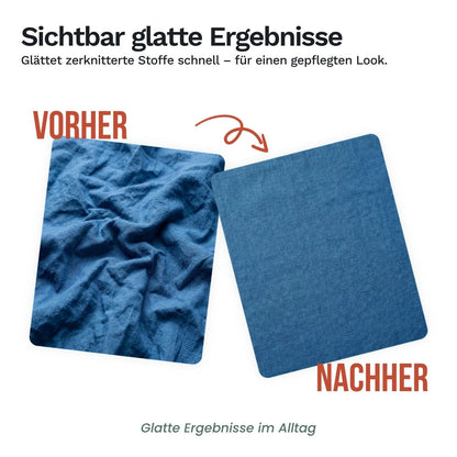 Vorher-Nachher Vergleich: Das MOOSOO Dampfbügeleisen glättet zerknotete Stoffe schnell für sichtbar glatte Ergebnisse und einen gepflegten Look.
