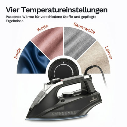 Vier Temperatureinstellungen für verschiedene Stoffe: Seide, Wolle, Baumwolle, Leinen auf einem MOOSOO Dampfbügeleisen.