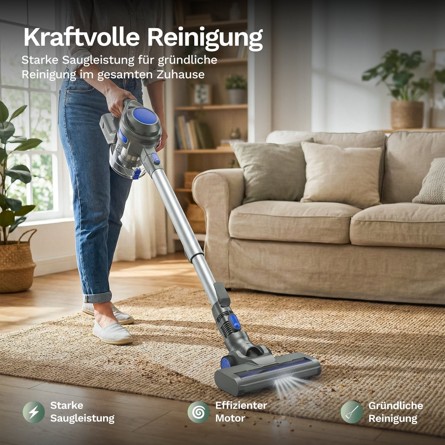 Akku-Staubsauger mit starker Saugleistung reinigt Teppich gründlich im Wohnzimmer