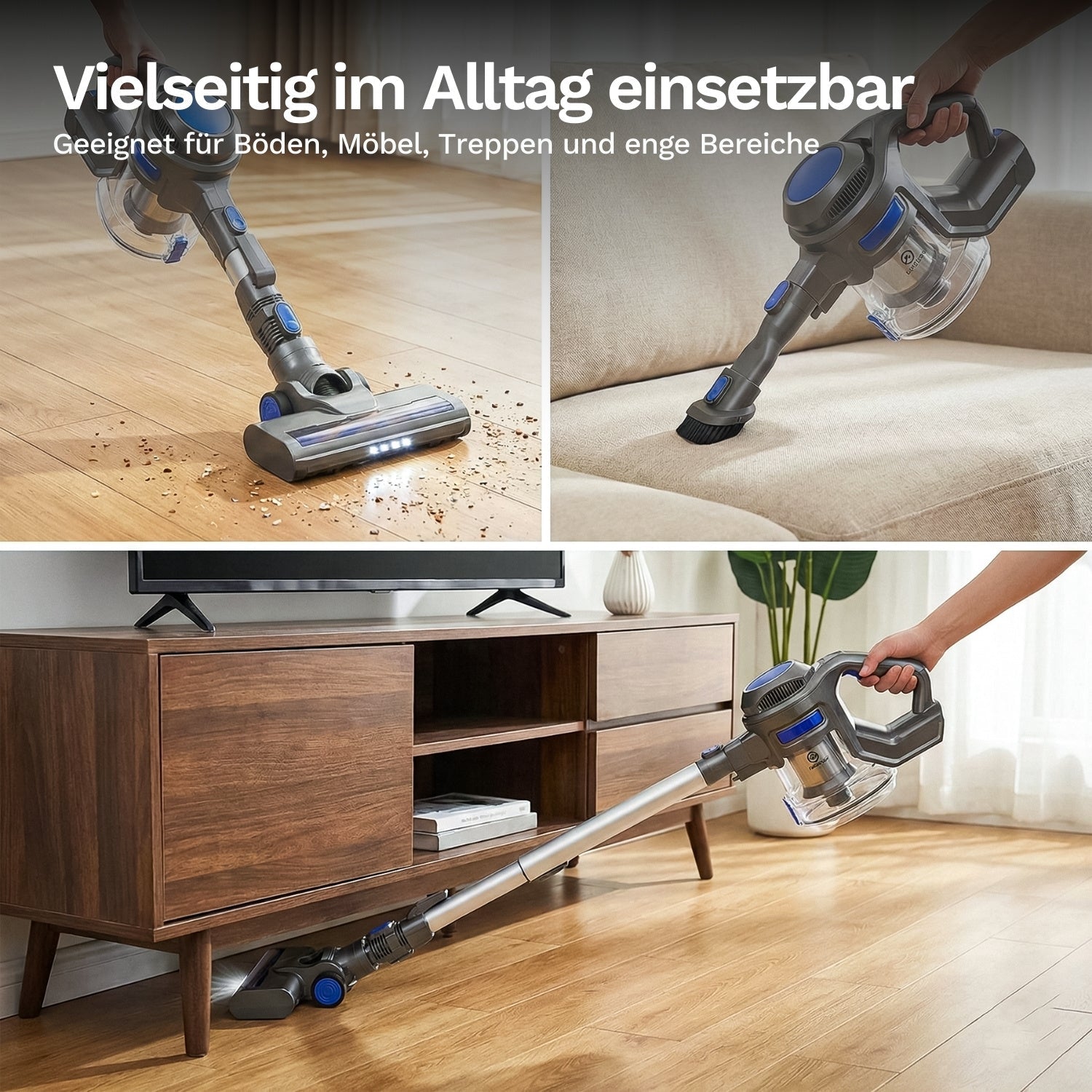 Kabelloser Akku-Staubsauger reinigt Böden, Polster und schwer erreichbare Stellen flexibel im ganzen Haushalt