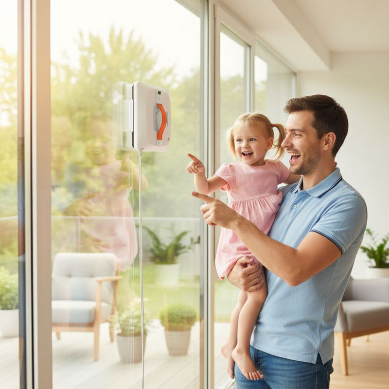 Vater hält sein Kind vor einem Fenster, während ein Fensterreinigungsroboter automatisch die Glasfläche säubert und beide begeistert zuschauen.