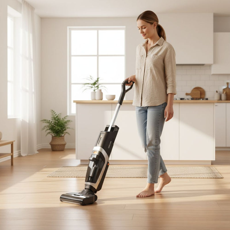 Frau reinigt entspannt den Boden mit einem kabellosen Staubsauger in einer hellen, modernen Küche.