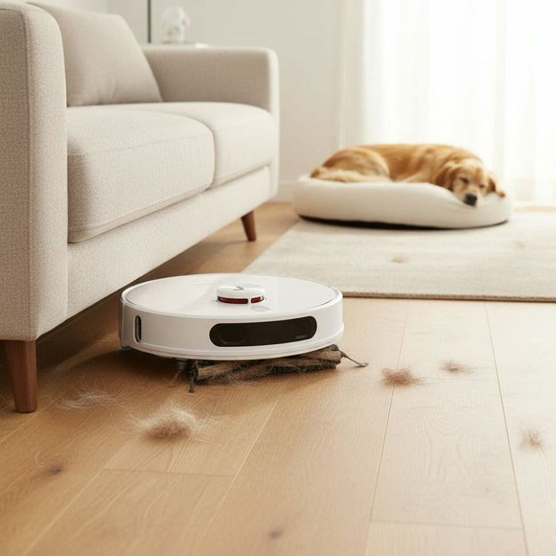 Saugroboter entfernt Tierhaare unter dem Sofa, während ein Hund entspannt im Hintergrund auf seinem Bett liegt.