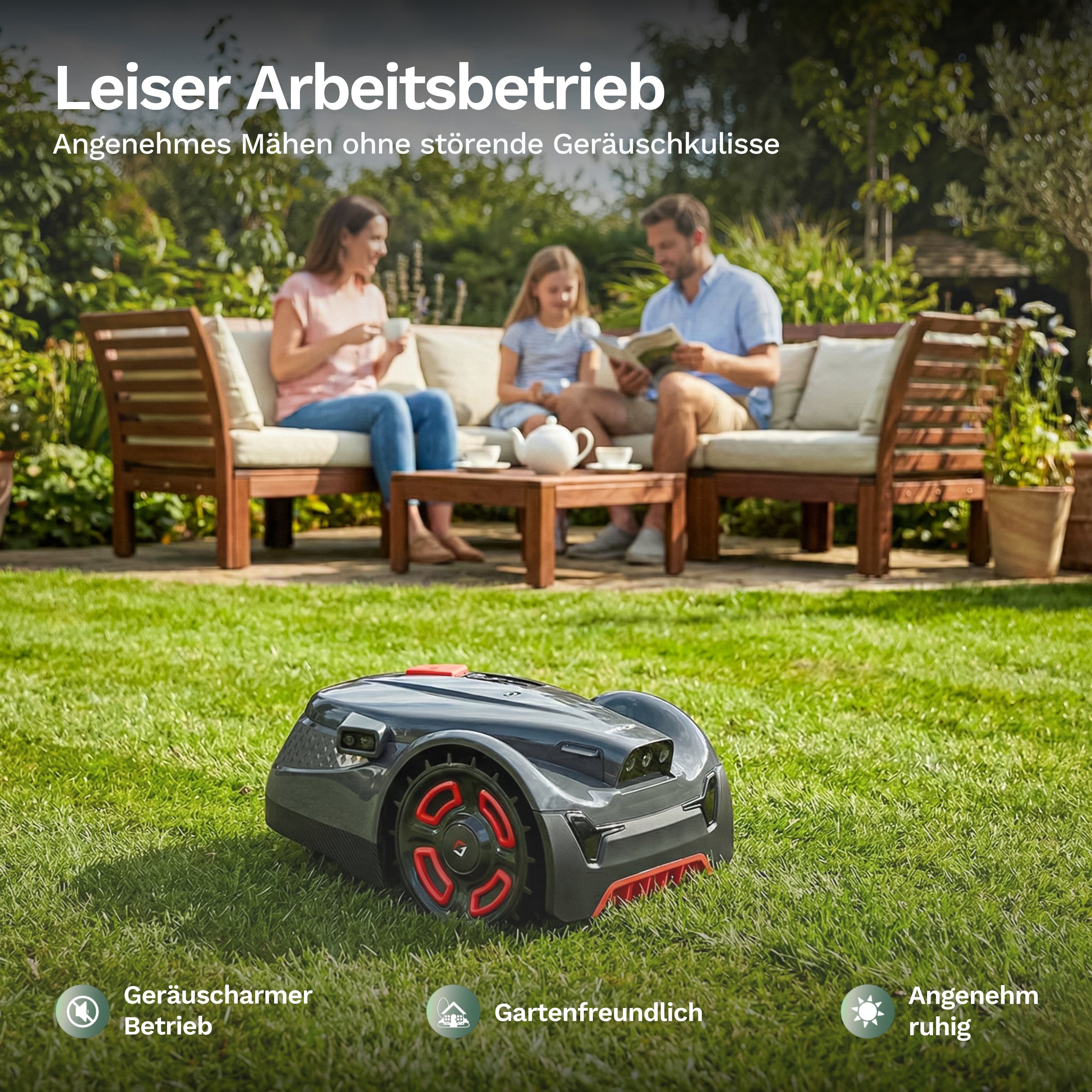 Leiser Betrieb: Goalker H3 Pro mäht angenehm leise für entspannte Gartenmomente