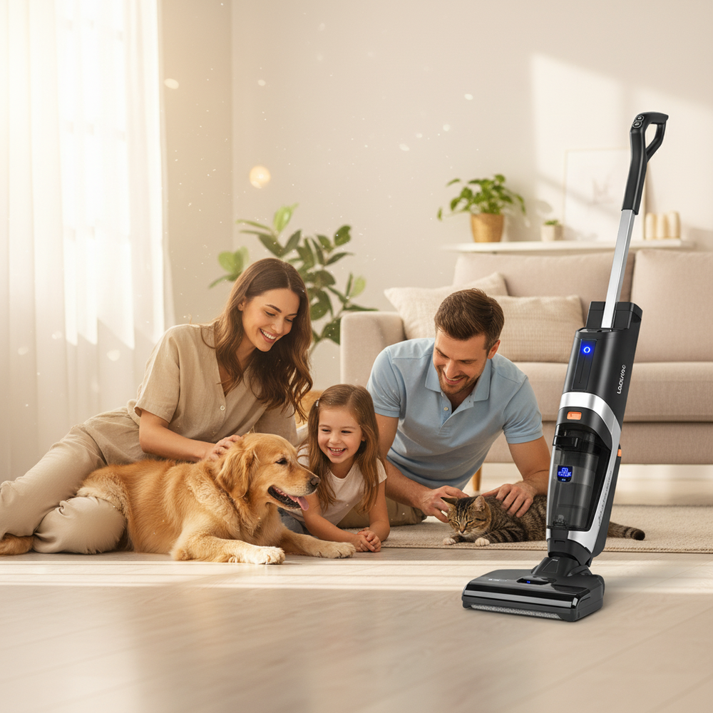 Familie mit Kind, Hund und Katze entspannt im Wohnzimmer, während ein kabelloser Staubsauger für gründlich saubere Böden sorgt.