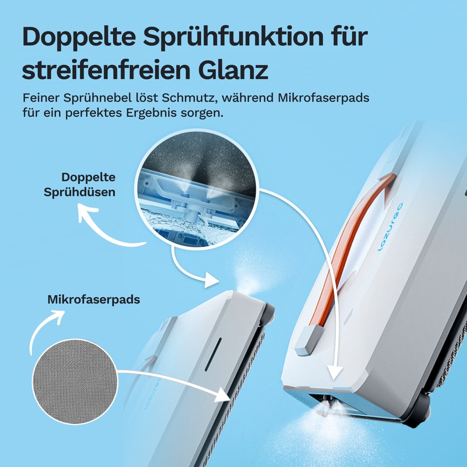 Fensterreinigungsroboter mit doppelter Sprühfunktion verteilt feinen Nebel und nutzt Mikrofaserpads für streifenfreie, gründliche Glasreinigung.