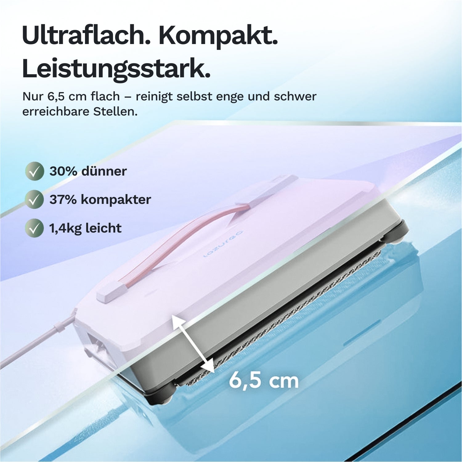 Ultraflacher Fensterreinigungsroboter mit nur 6,5 cm Höhe, kompakt und leicht, ideal für schwer erreichbare und enge Glasflächen.
