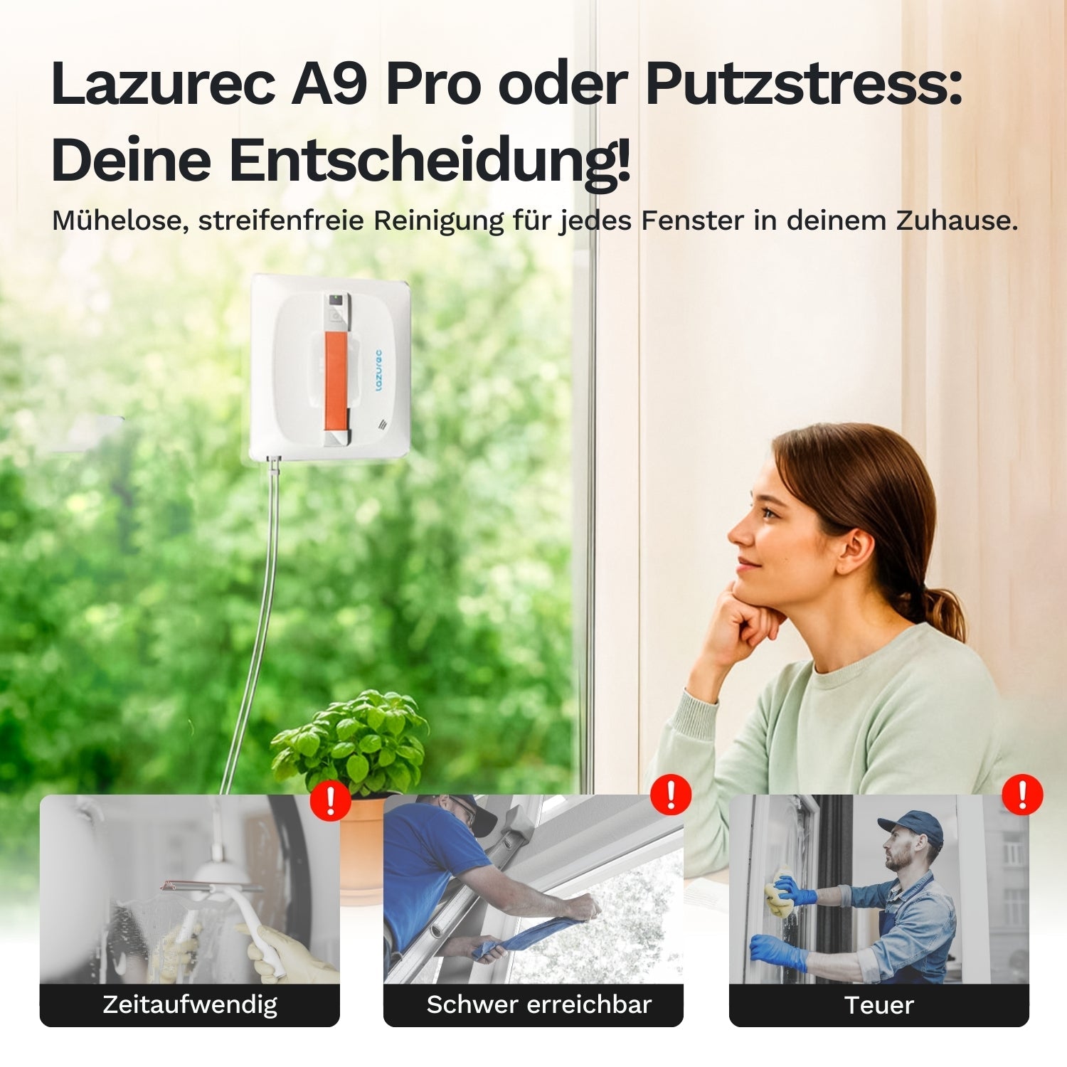 Fensterreinigungsroboter reinigt automatisch die Glasscheibe, während eine Frau entspannt daneben sitzt; Vergleich zeigt Nachteile manueller Reinigung wie zeitaufwendig, schwer erreichbar und teuer.
