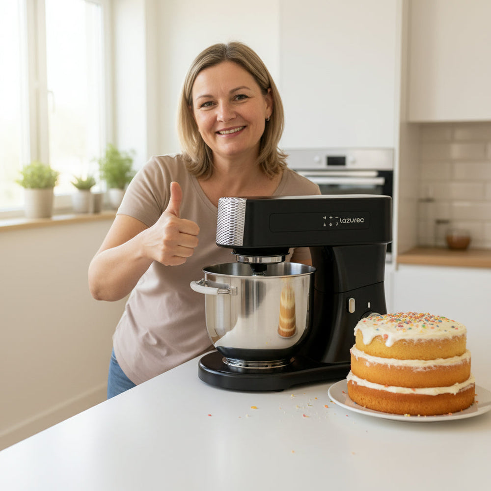 Frau zeigt Daumen hoch neben einer Küchenmaschine, während ein frisch gebackener Kuchen auf der Arbeitsfläche steht.