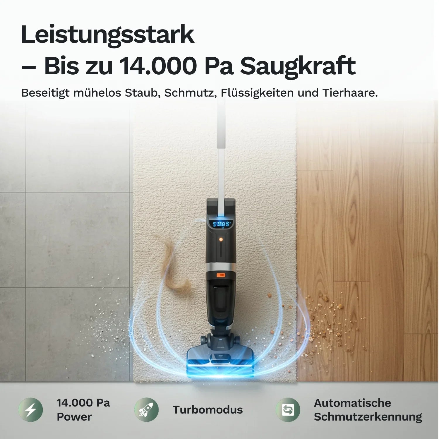 Kabelloser Staubsauger reinigt verschiedene Bodenarten mit bis zu 14.000 Pa Saugkraft und entfernt Staub, Schmutz und Tierhaare effizient.