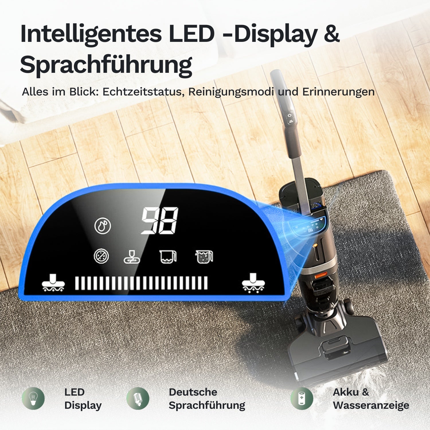 Kabelloser Staubsauger mit integriertem LED-Display zeigt Reinigungsstatus, Modi und Akkuanzeige in Echtzeit während der Bodenreinigung.